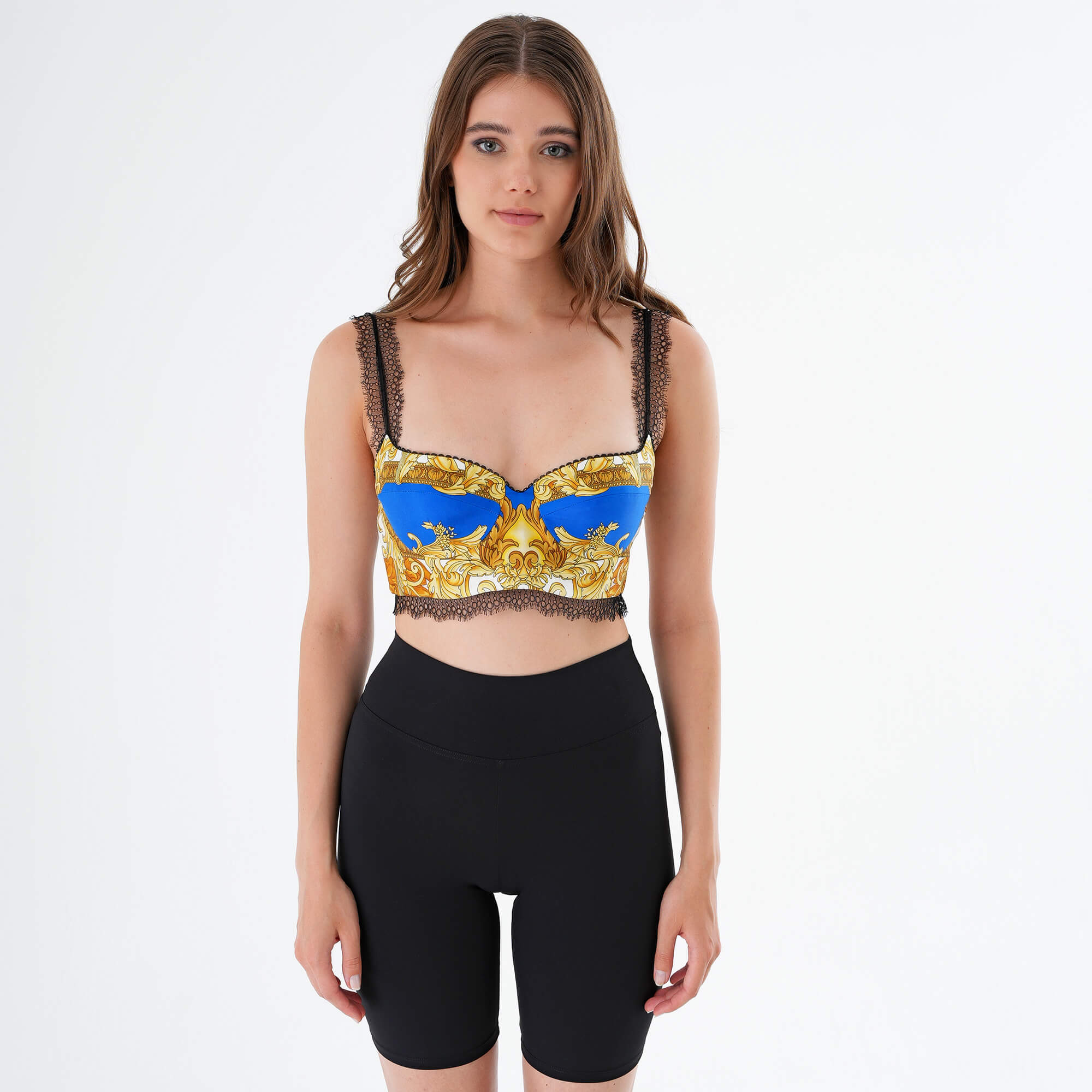 Versace- Blue & Yellow Lace Trimmed Braque Printed Silk Twill Bralette IT44